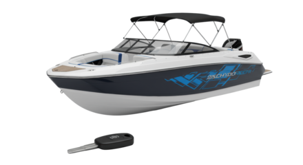 Sleek white futuristic motorboat with dark blue accents & propeller, beside a high-end key fob on a clean transparent studio background, concept of premium nautical design and luxury