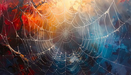A vibrant depiction of a spiderweb, adorned with glistening dew drops, spanning a dynamic backdrop of rich, contrasting colors.