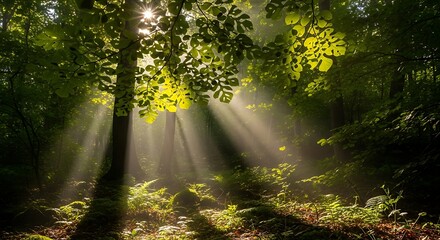 Sunlight streaming through a lush forest canopy