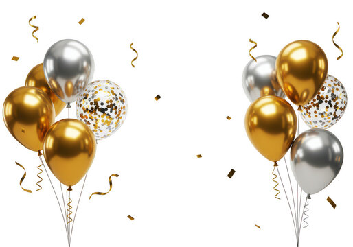 Gold and silver balloons with confetti decoration isolated on transparent background