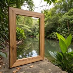 Wooden frame capturing the beauty of a lush green river landscape with tranquil water and dense foliage creating a serene environment
