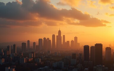 Fototapeta premium Golden Clouds Illuminate Cityscape at Sunset. High quality