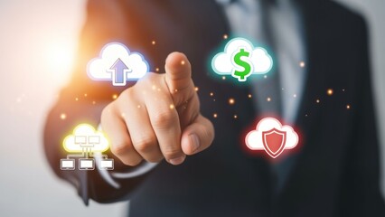 Businessman Interacting with Cloud Technology Icons in Modern Office Setting