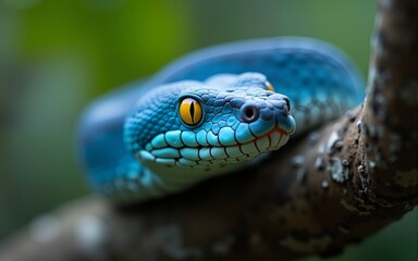 Blue Snake on Tree Branch with Striking Yellow Eyes Portrait. High quality