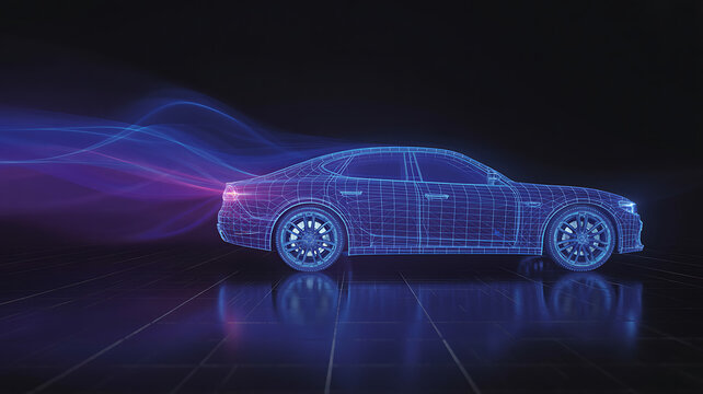 A luxury sport blue sedan model car on a black background with a fast design motor and wheel for transportation