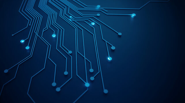 A blue circuit board background with an intricate digital pattern suggests computer technology and electronics design