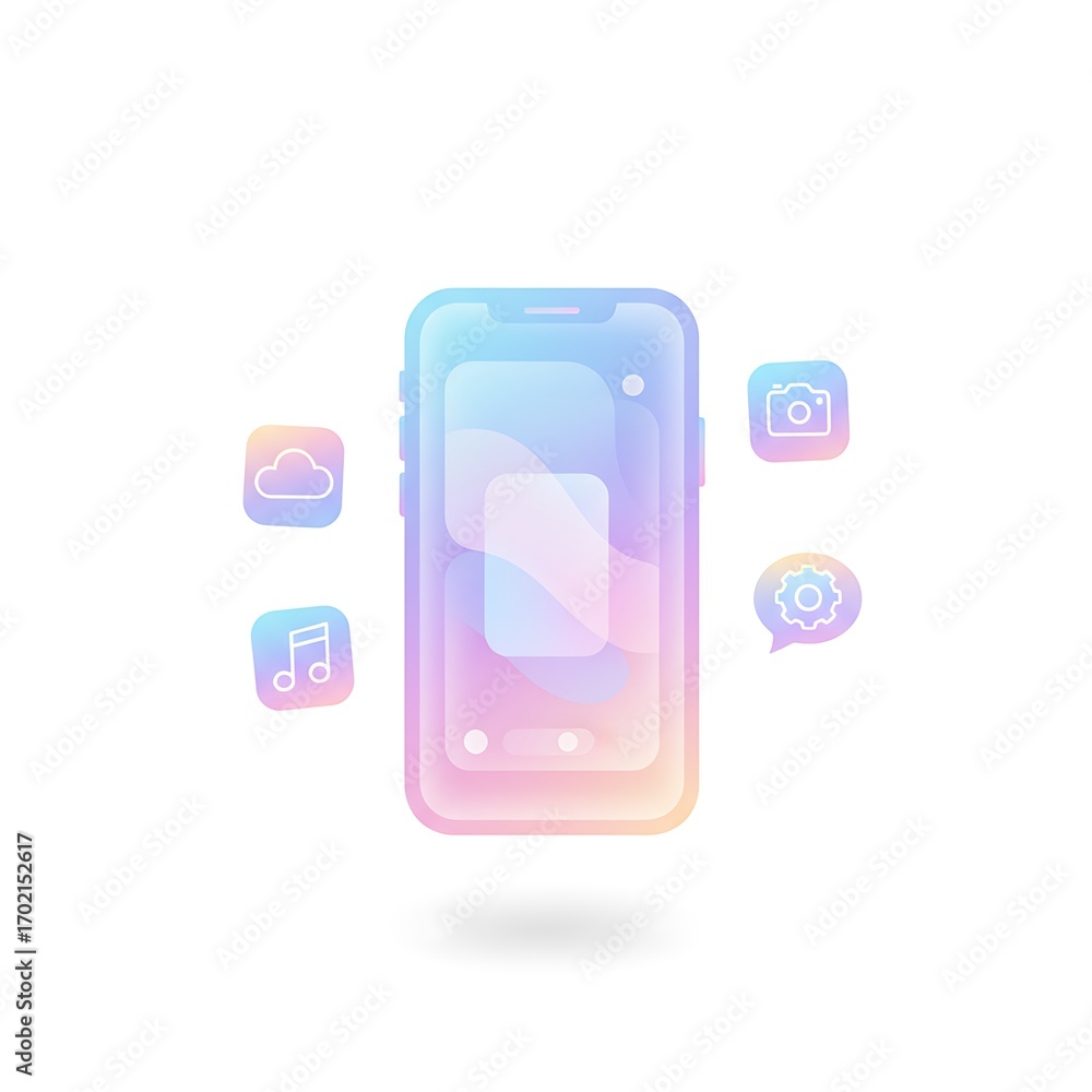 Poster modern smartphone interface with pastel colored app icons floating around