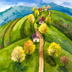 Watercolor painting of rolling hills with homes and trees
