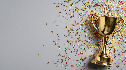 Golden trophy on gray surface surrounded by colorful confetti celebrating achievement