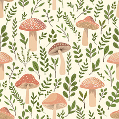 Seamless pattern. Set of cute fungus and plants on white background