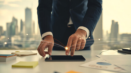 Businessman and businesswoman working on a document at the office desk with a pen and laptop