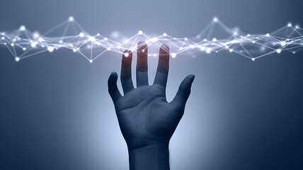 Businessman's hand touching a virtual digital screen interface for future technology, communication, and business network connection concept
