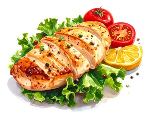 Sliced grilled chicken breast, garnished with fresh lettuce, tomatoes, and lemon, presented in a detailed watercolor style.
