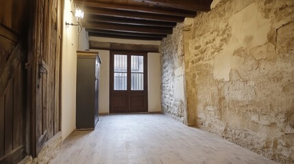 Obraz premium Empty room with exposed stone walls, wooden beams, and hardwood floors.