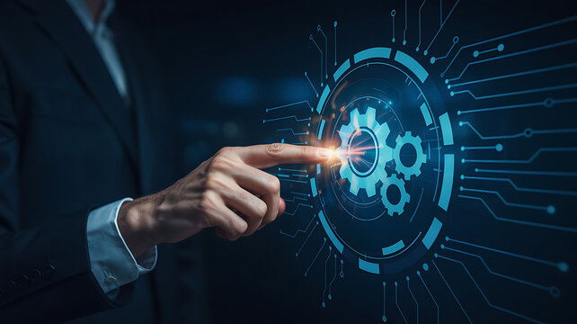 Businessman's hand pushing a digital button on a futuristic touch screen interface, symbolizing global business and technology connection