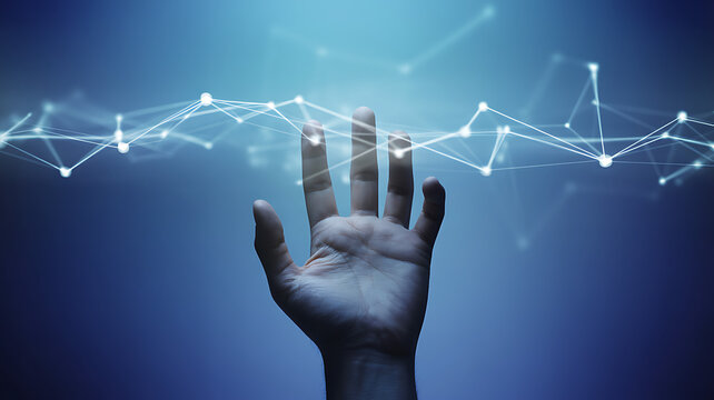 Digital business technology concept: hand touching virtual screen interface of global network - Powered by Adobe