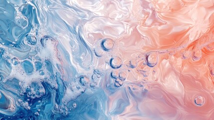 Abstract swirling fluid art with blue, peach, and white colors and air bubbles.