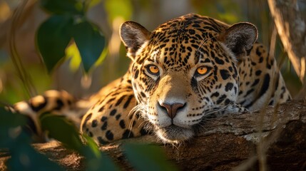 Fototapeta premium Majestic Jaguar Resting on a Branch at Golden Hour