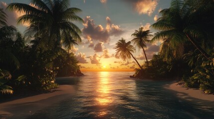 Idyllic tropical sunset over calm ocean, palm trees on secluded beach.