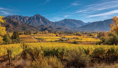 Autumn vineyard valley, mountains backdrop (1)