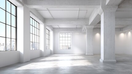 Fototapeta premium Bright Modern Industrial Space with Large Windows and Concrete Floors, Ideal for Commercial or Residential Use