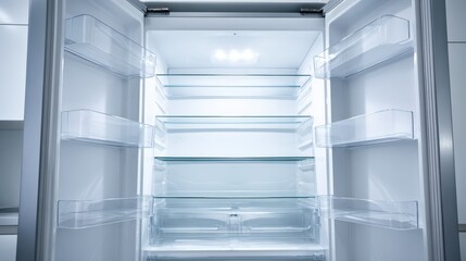 Empty Refrigerator Interior with Glass Shelves, Door Bins, and Interior Light Ready for Stocking