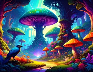 Vibrant fantasy forest with giant mushrooms (1)