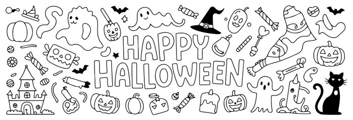 happy halloween background with cute ghost pumpkin bat skull and spider outline vector