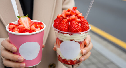 Close up of a woman holding two cups of fresh strawberry desserts, a layered parfait and a cup of sliced berries to go