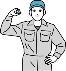 ガッツポーズをしている作業着の男性のイラスト