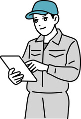 タブレットを操作している作業着の男性のイラスト