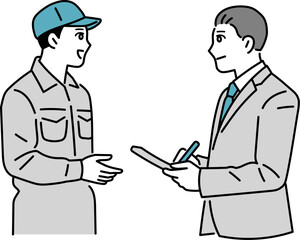 会話をする作業員とスーツの男性
