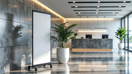 Freestanding blank banner stand in a modern corporate lobby, ideal for advertising, branding, and business event promotions.