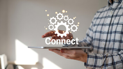 Businessman holding digital tablet with social network concept on a virtual screen for global business communication and data management