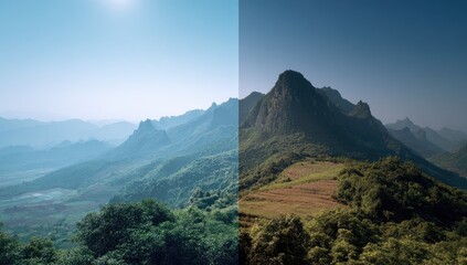 Dramatic Mountain Landscape Split View Lush Green to Golden Dry.