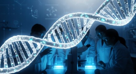 Medical Researchers Analyzing Digital DNA Strand in Laboratory Setting