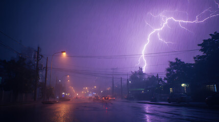 Thunderstorm illuminating a city street with rain, lightning, and distant vehicles at night