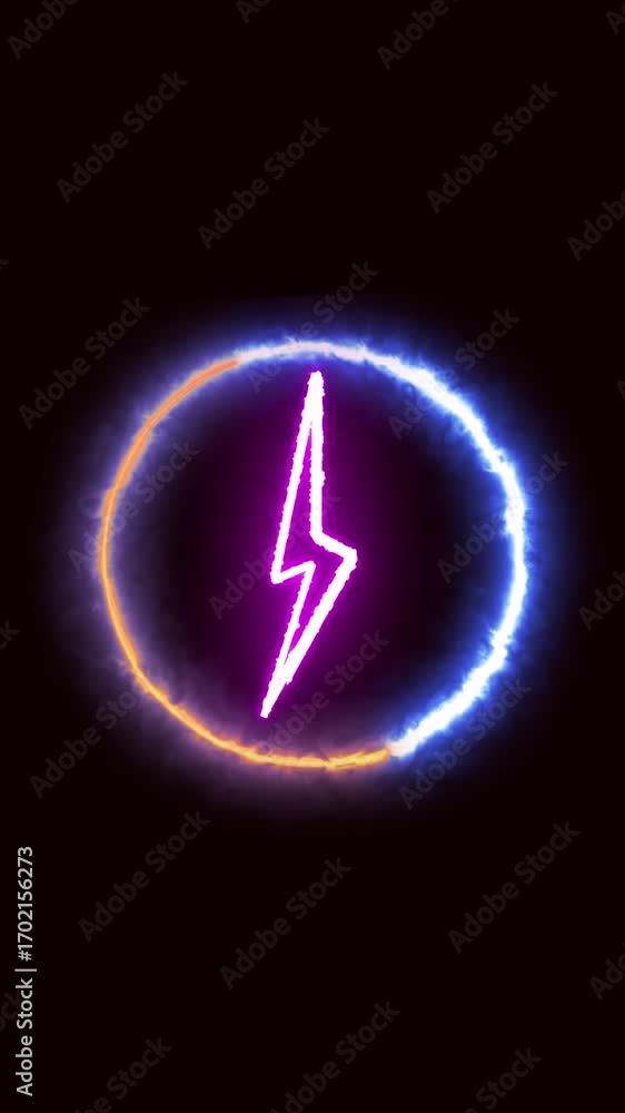 Poster Neon lightning bolt quick flash motion graphics vfx vertical video. Electric lightning bolt animation digital interface seamless loop vertical video.
