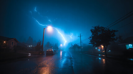 Dramatic lightning illuminates a rainy suburban street during a stormy night, creating an eerie atmosphere
