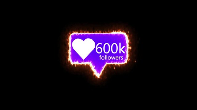 Bright glowing heart notification icon showing 600k followers on a dark background. Perfect for social media promotion, follower growth animation, digital marketing presentations and motion graphics 
