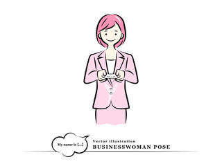 名刺交換をするビジネスウーマン(挨拶,自己紹介)｜ビジネスポーズ