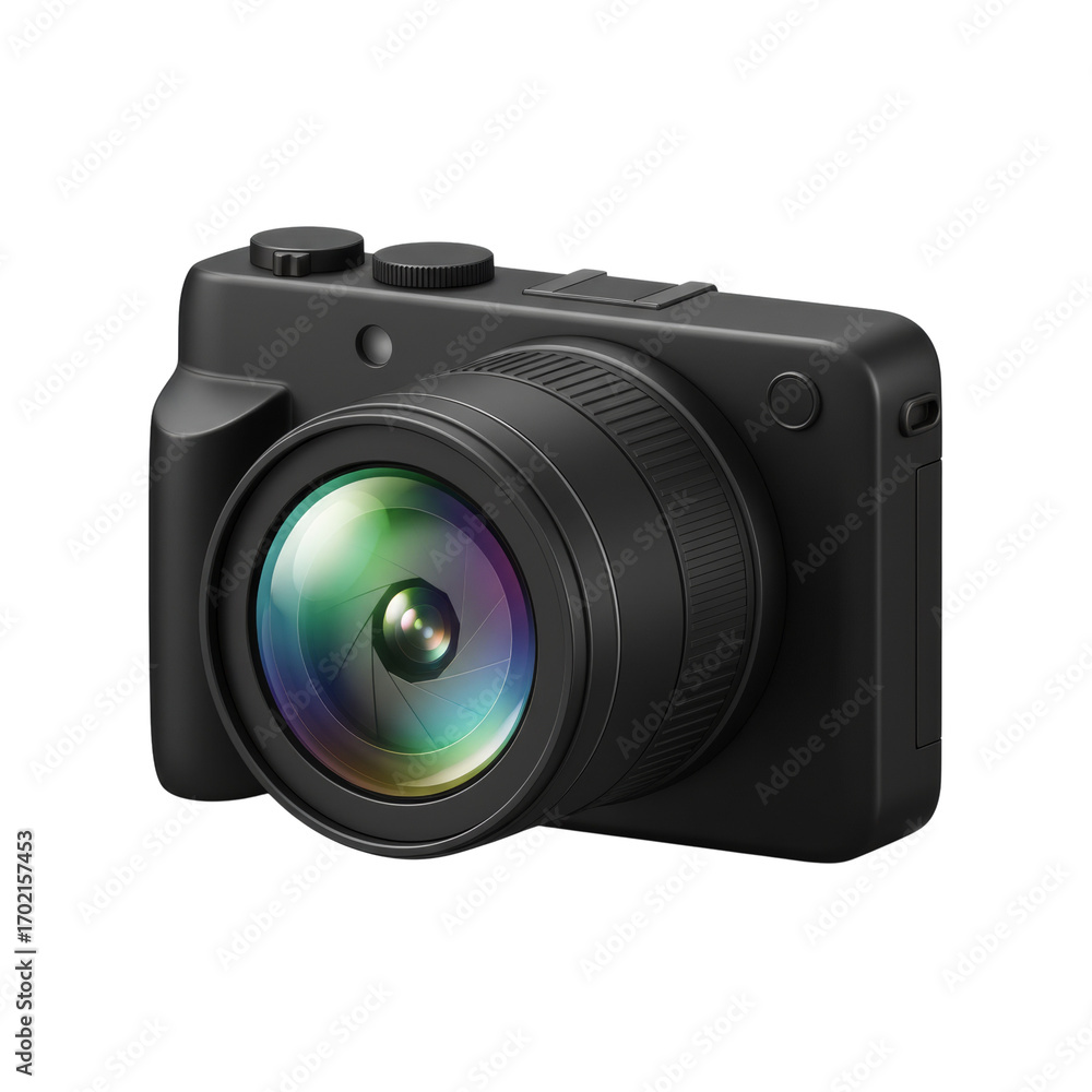 Poster stylized rendering showcasing a compact modern digital camera with advanced optics and refined