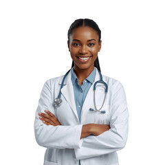 Fototapeta premium Confident female doctor smiling with a stethoscope against a plain backdrop, health professional