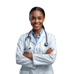 Fototapeta premium Confident african american woman in medical attire isolated on transparent surface