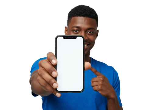 Enthusiastic man showcasing a smartphone with a vibrant screen display on a transparent layer - Powered by Adobe