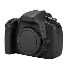 Sleek camera rendering against a pure, isolated, transparent space offering depth and precision