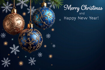 Merry Christmas and Happy New Year vector banner. Realistic rose gold and blue baubles, snowflakes hanging on dark blue background. Christmas balls motion blur effect. Luxury background