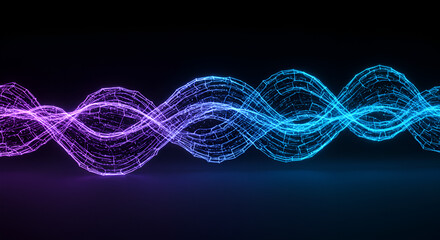 Abstract illuminated wireframe wave in vibrant blue and purple colors on black