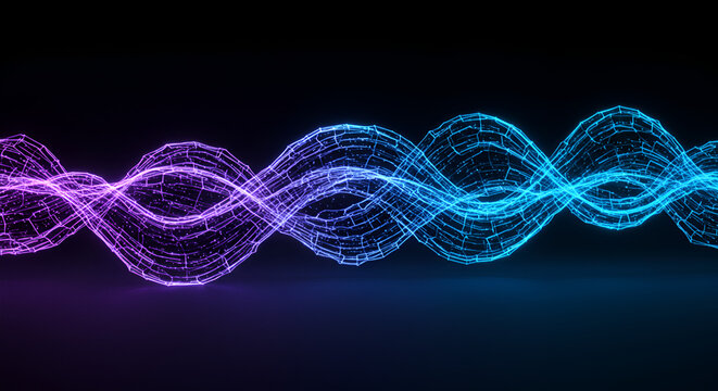 Abstract illuminated wireframe wave in vibrant blue and purple colors on black