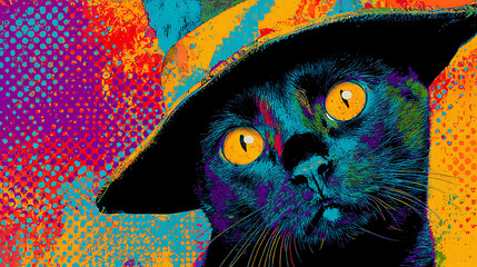 Colorful artistic depiction of a cat wearing a hat against a vibrant abstract background